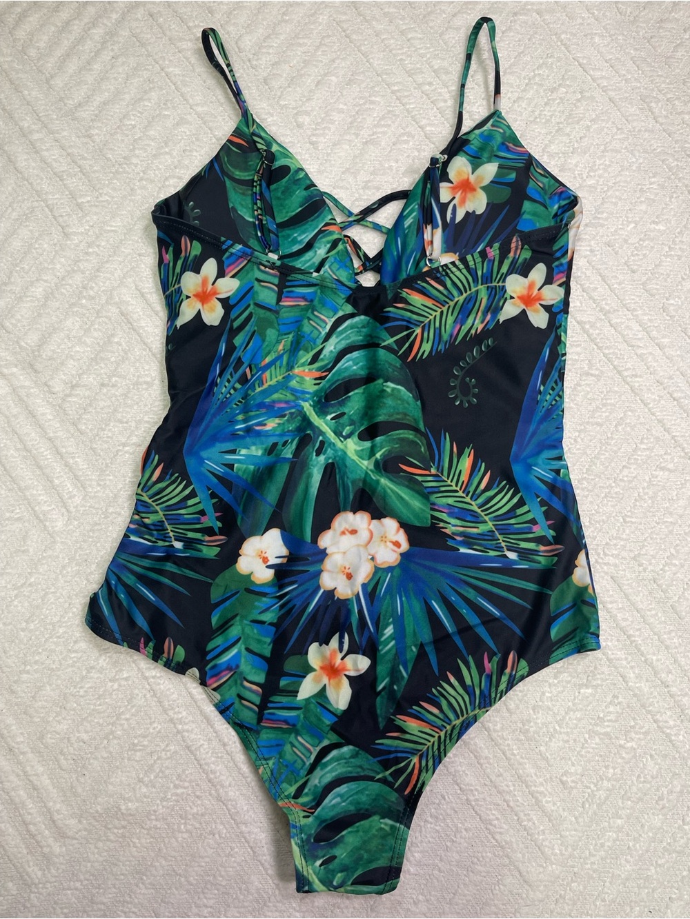 Tropical Floral One-Piece Swimsuit Green/Blue with Lace Up Front Size L - Picture 5 of 12